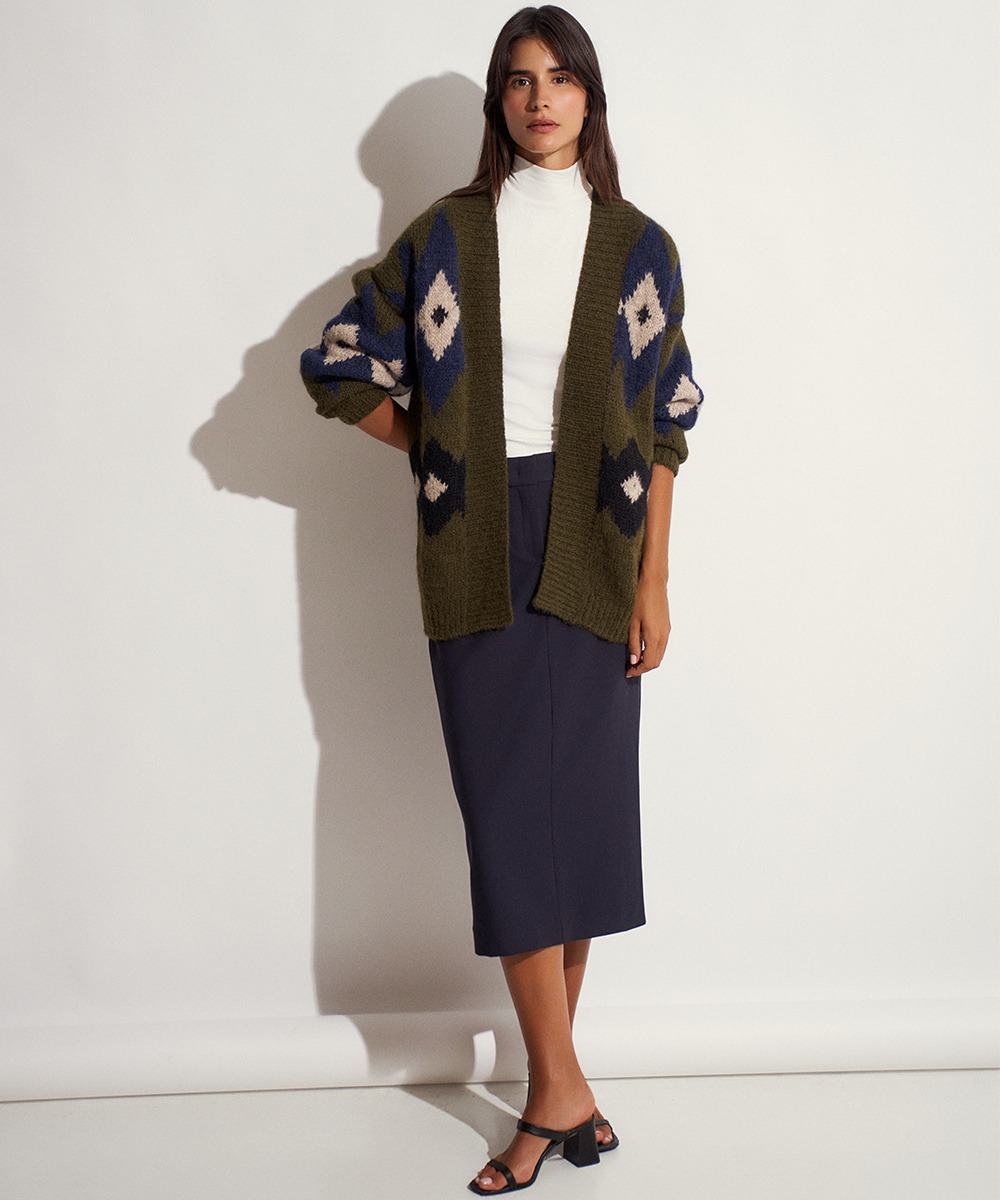 LONG FAIR ISLE CARDIGAN CARMEN - KAKI & NAVY