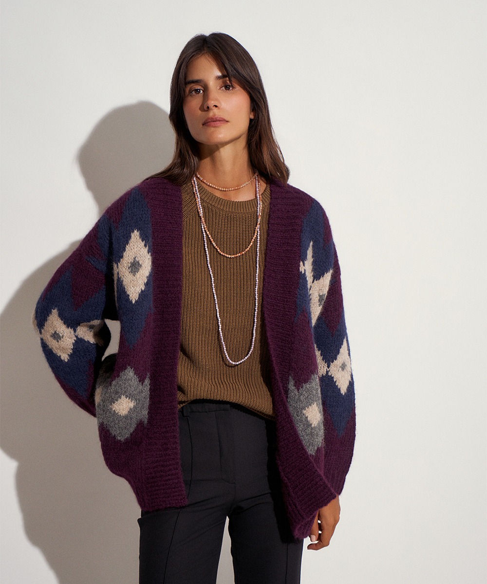 LONG FAIR ISLE CARDIGAN CARMEN - BURGUNDY & GREY