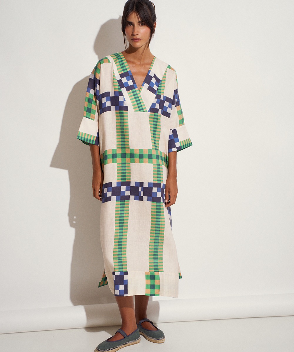 LINEN DRESS - DELPHINIUS - BEIGE & BLUE