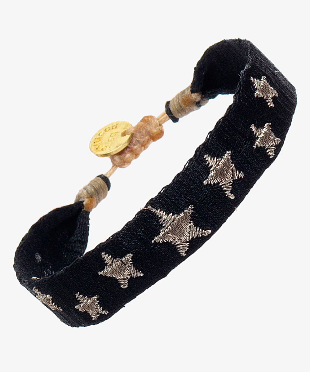 PULSERA BORDADA - NEGRO & ESTRELLAS PLATEADAS