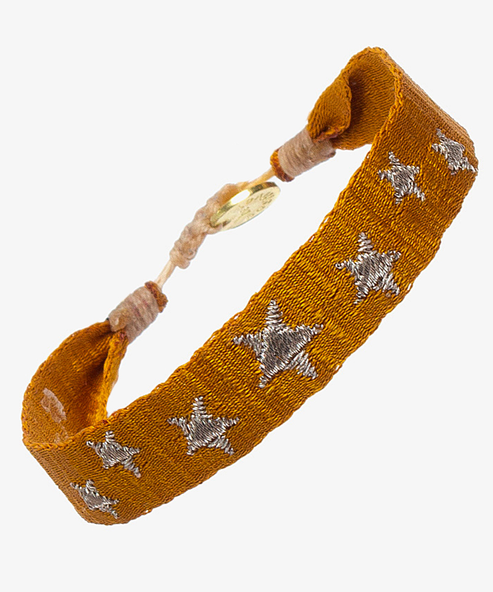 PULSERA BORDADA - MOSTAZA & ESTRELLAS PLATEADAS