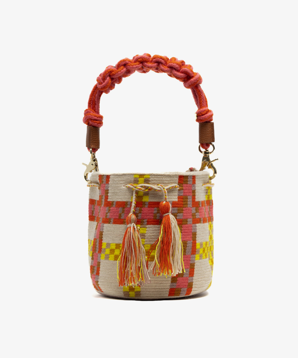 Crossbody Bag M with short macrame handle - DELPHINIUS - PINK & YELLOW