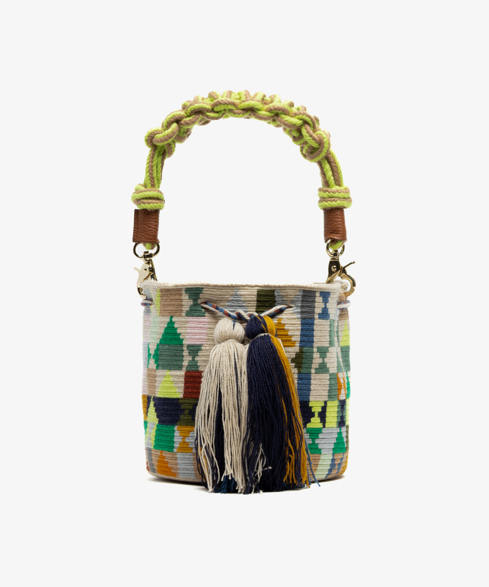 Crossbody Bag M with short macrame handle - HARE - JADE & MULTICOLOR