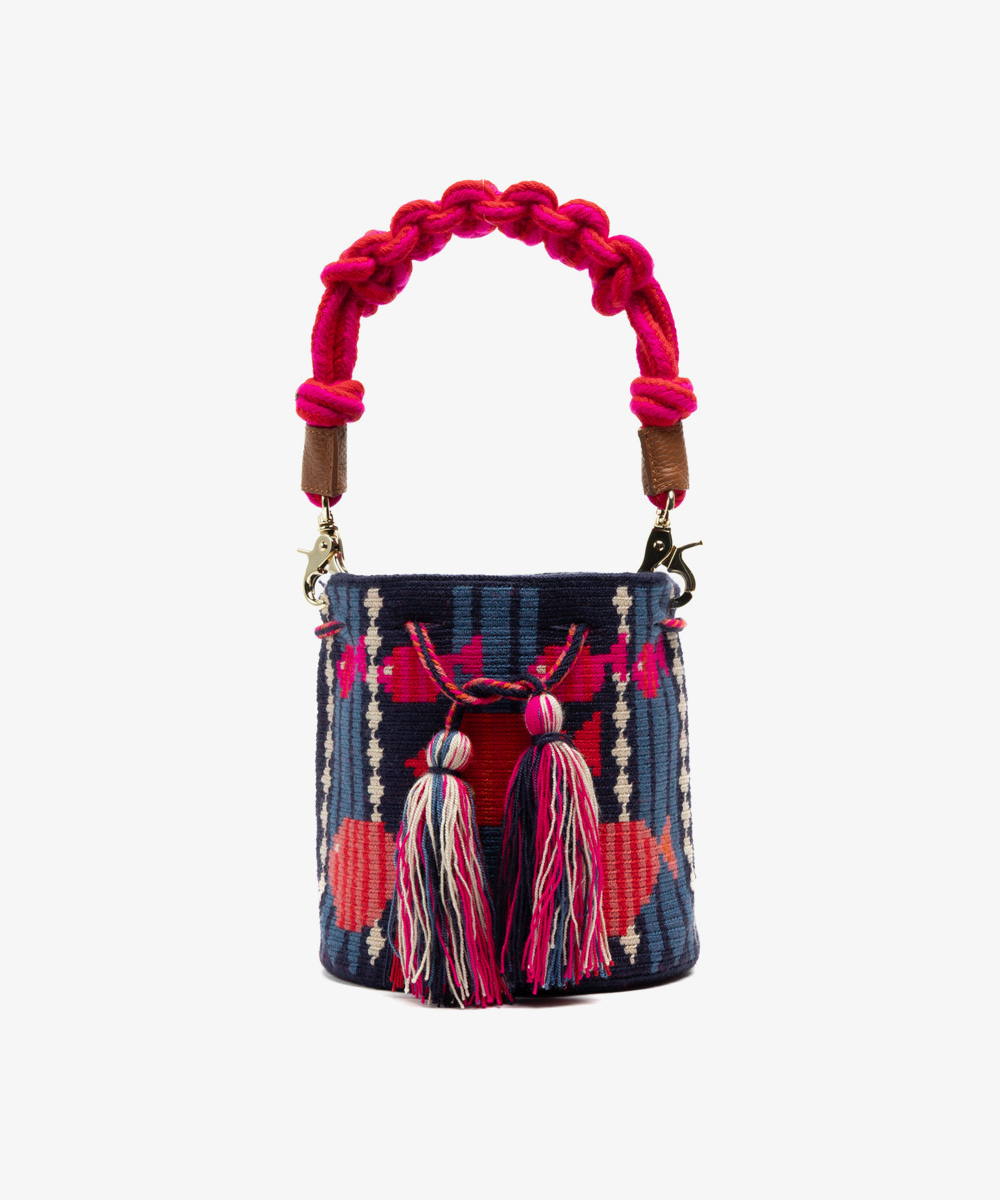 Crossbody Bag M with short macrame handle - CEPHEUS - NAVY & PINK