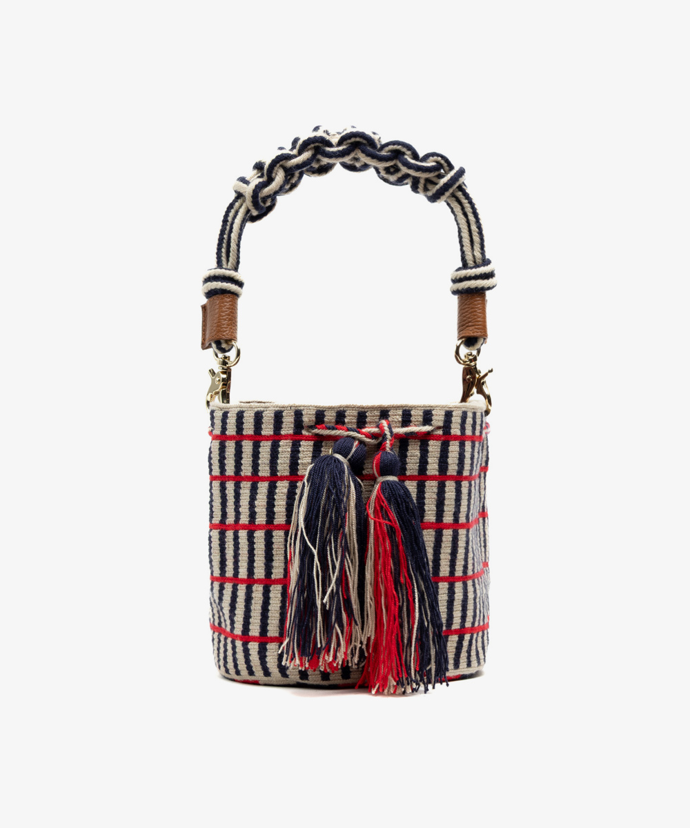 Crossbody Bag M with short macrame handle - PEACOCK - BEIGE & NAVY