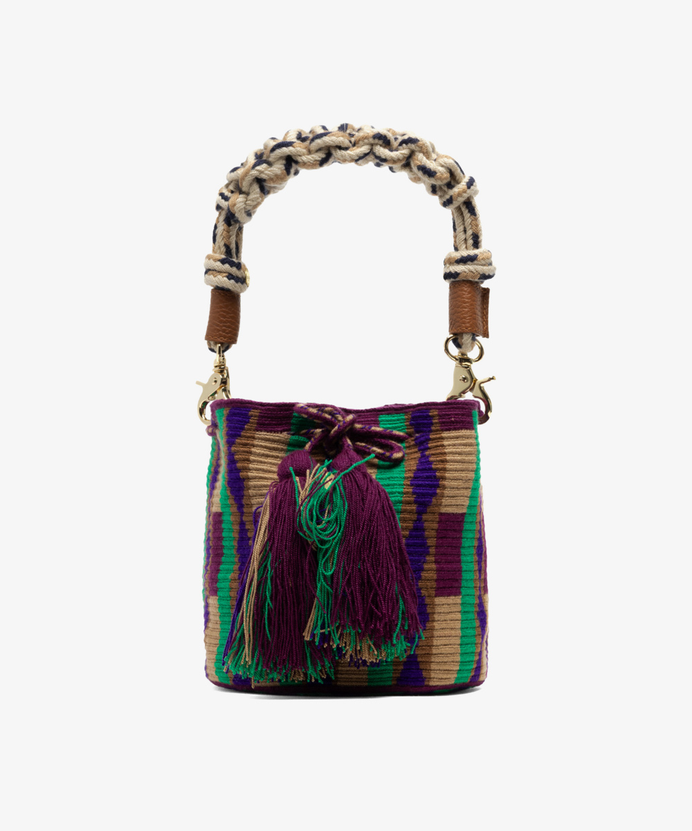 BOLSO CRUZADO M CON ASA DE MACRAMÉ - DAWN -  BORGOÑA Y VERDE