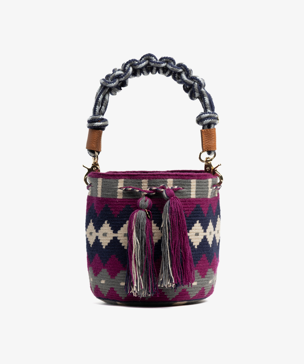 Crossbody Bag M with short macrame handle - VALERIE - BURGUNDY & GREY