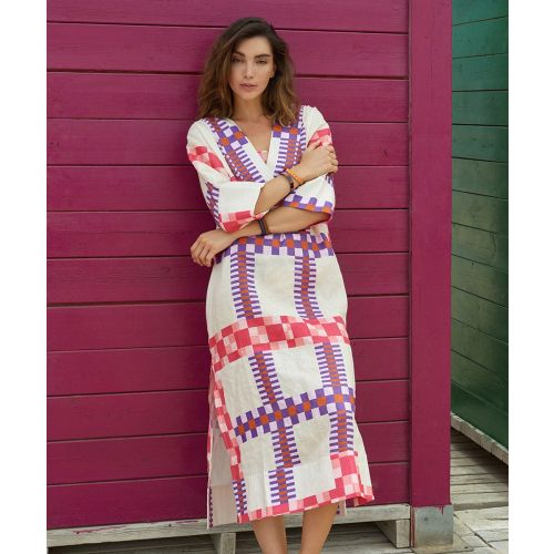 LINEN DRESS - DELPHINIUS - BEIGE & FUCHSIA