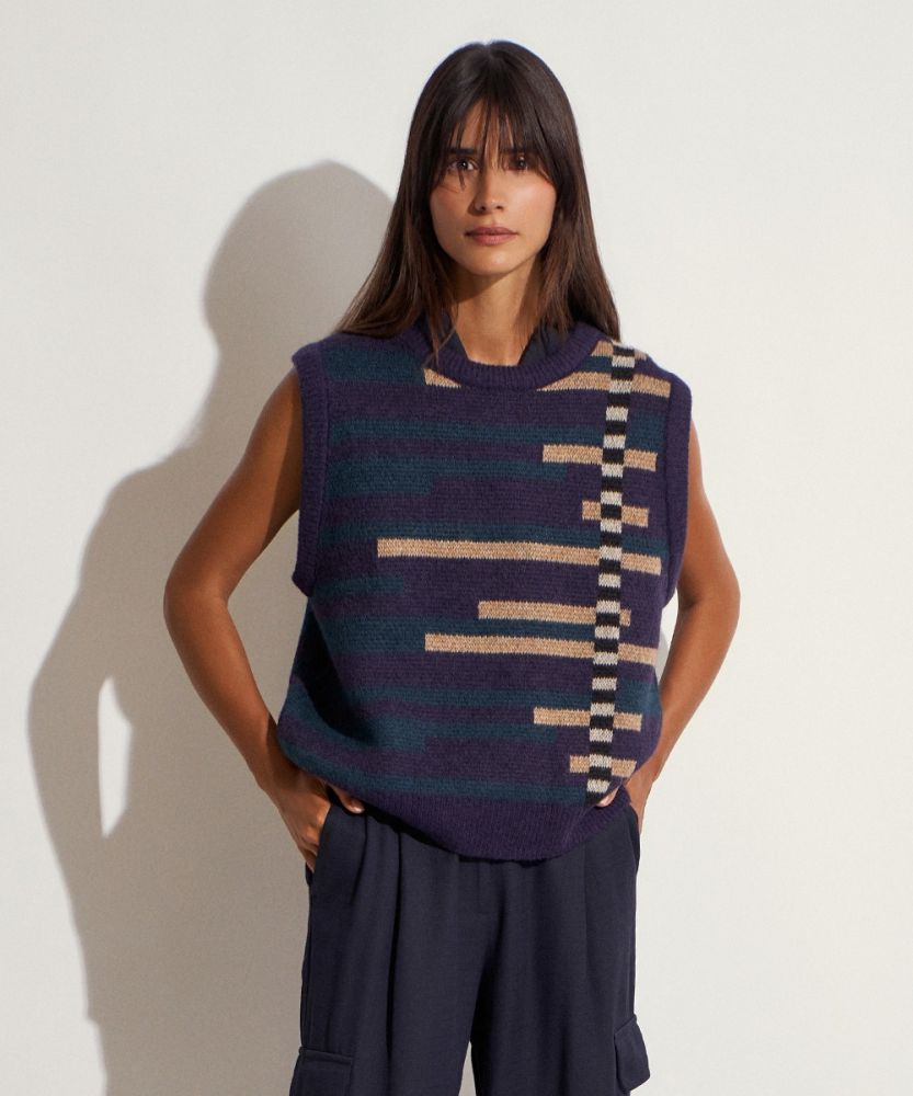 CHALECO SOLEDAD DE BABY ALPACA - RAYAS AZUL MARINO Y VERDE PÉTROLEO