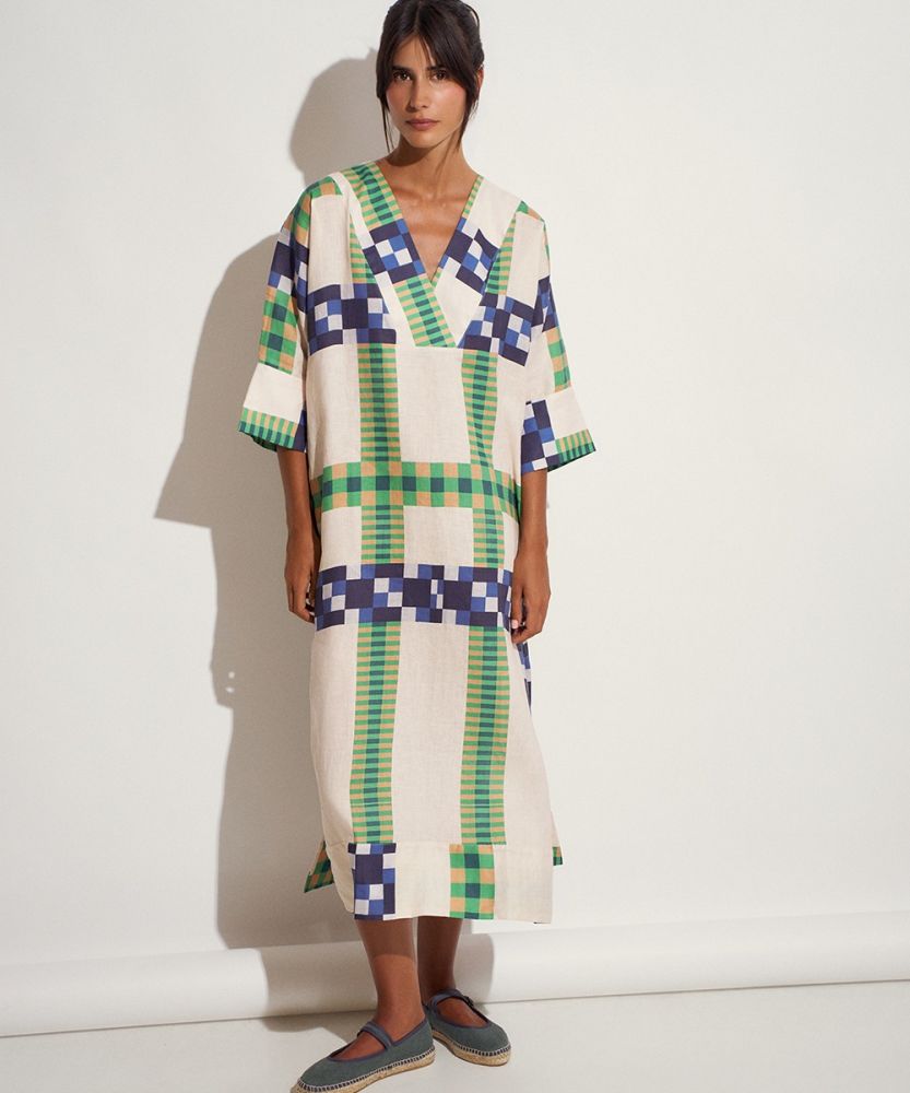 LINEN DRESS - DELPHINIUS - BEIGE & BLUE