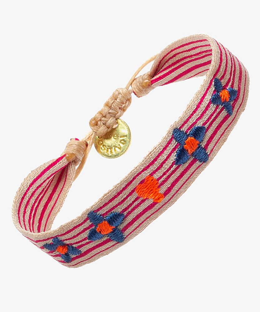 EMBROIDERED BRACELET - BEIGE & FUCHSIA STRIPES