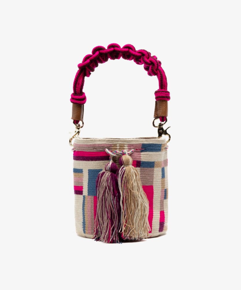 Crossbody Bag M with short macrame handle - CAPRICORNUS - BEIGE & PINK