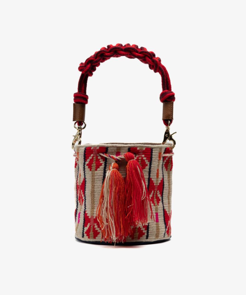 Crossbody Bag M with short macrame handle - CIRCINUS - BEIGE & RED
