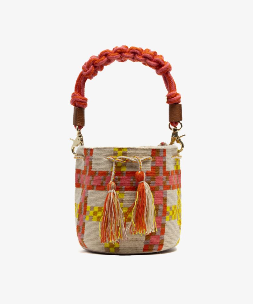 Crossbody Bag M with short macrame handle - DELPHINIUS - PINK & YELLOW