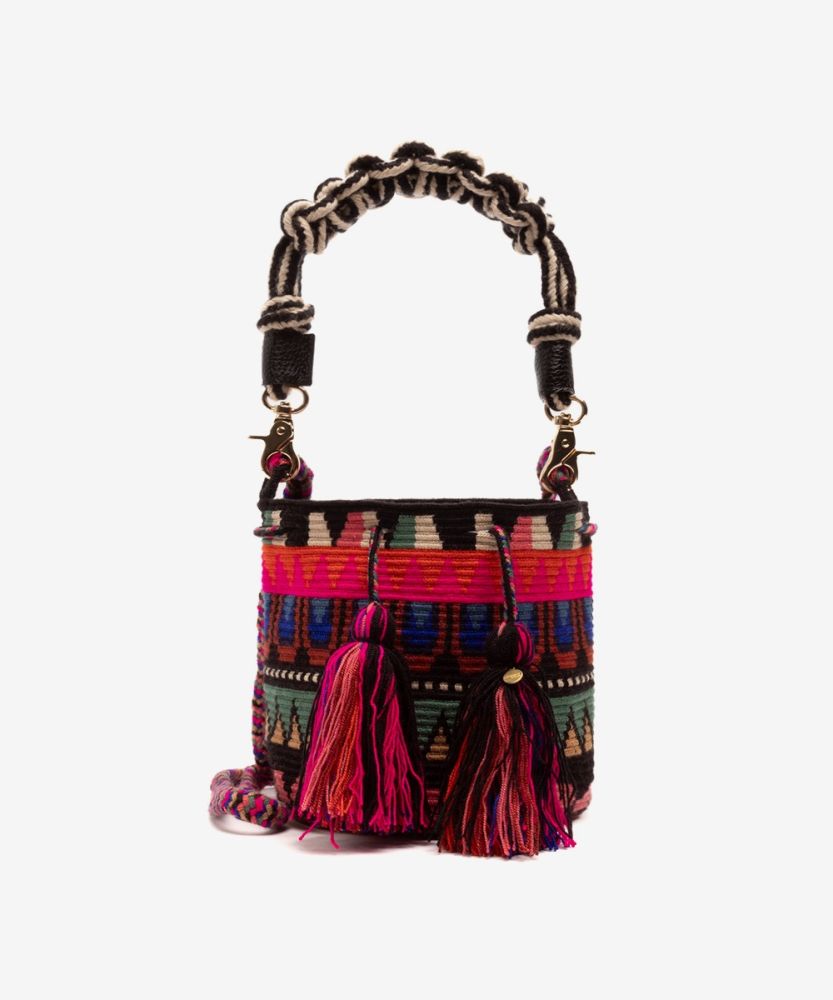 BOLSO CRUZADO M CON ASA DE MACRAMÉ - YAKARTA - VERDE ESMERALDA & FUCSIA 