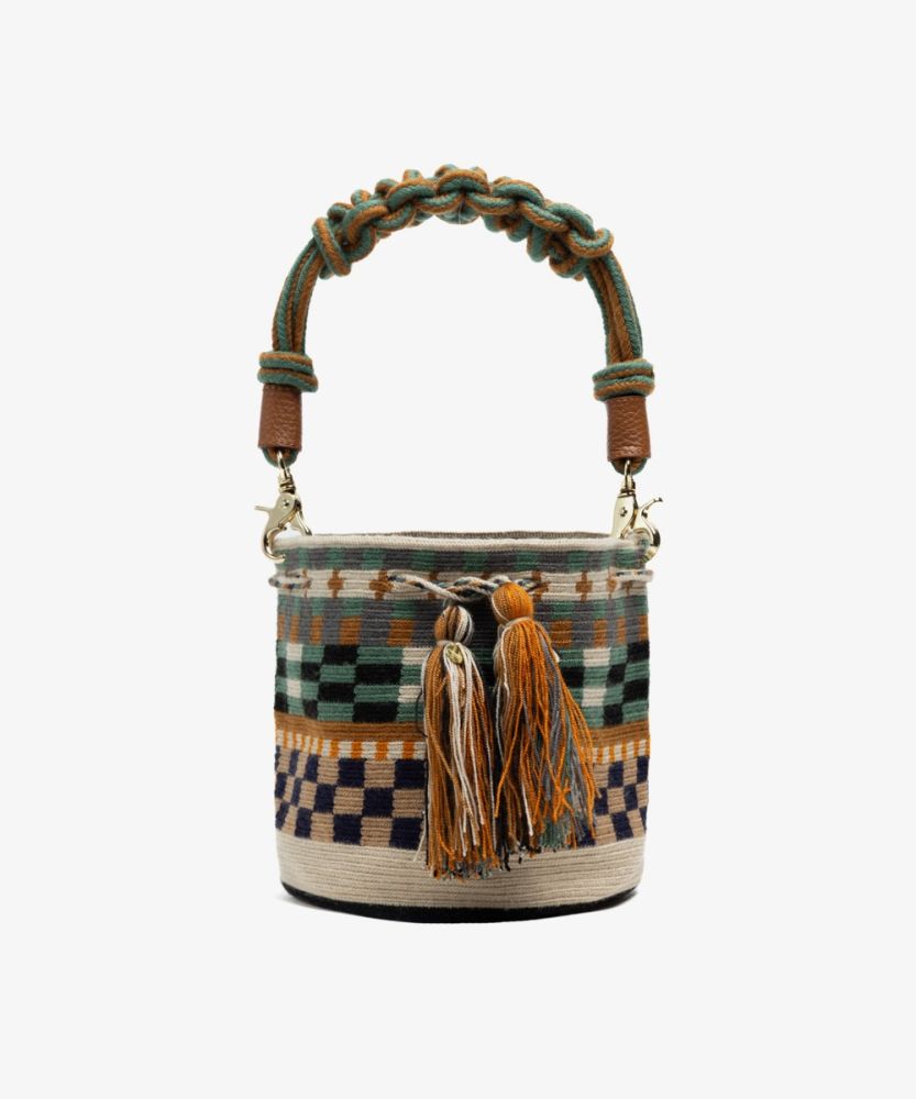 Crossbody Bag M with short macrame handle - POSEIDON- TOAST & GREEN