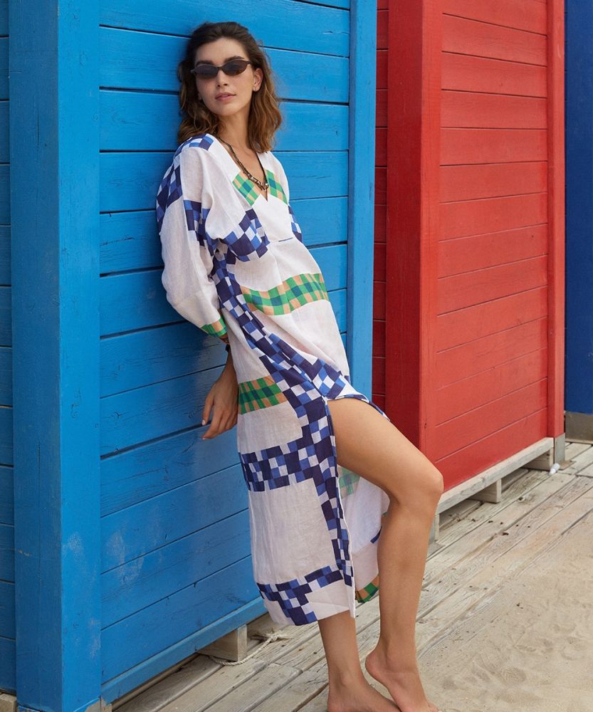 VESTIDO DE LINO - DELPHINIUS - BEIGE & AZUL