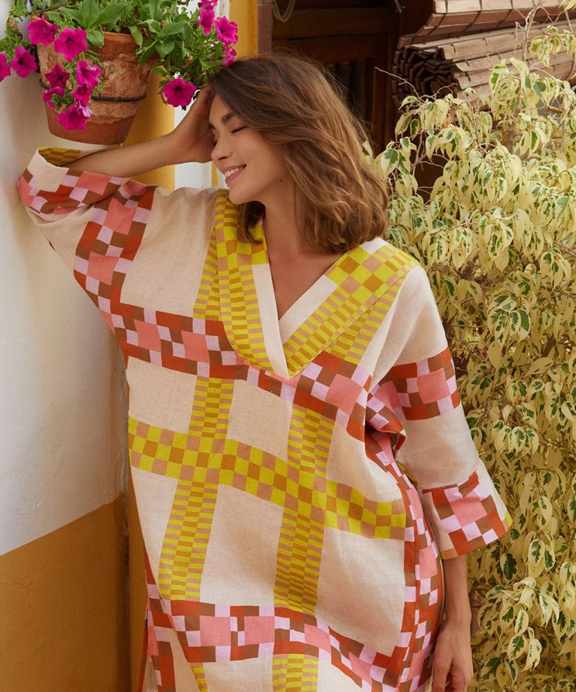 LINEN DRESS -  DELPHINIUS - PINK & YELLOW