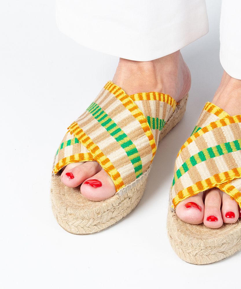 ESPADRILLE CROSSED WIDE BAND- YELLOW & GREEN