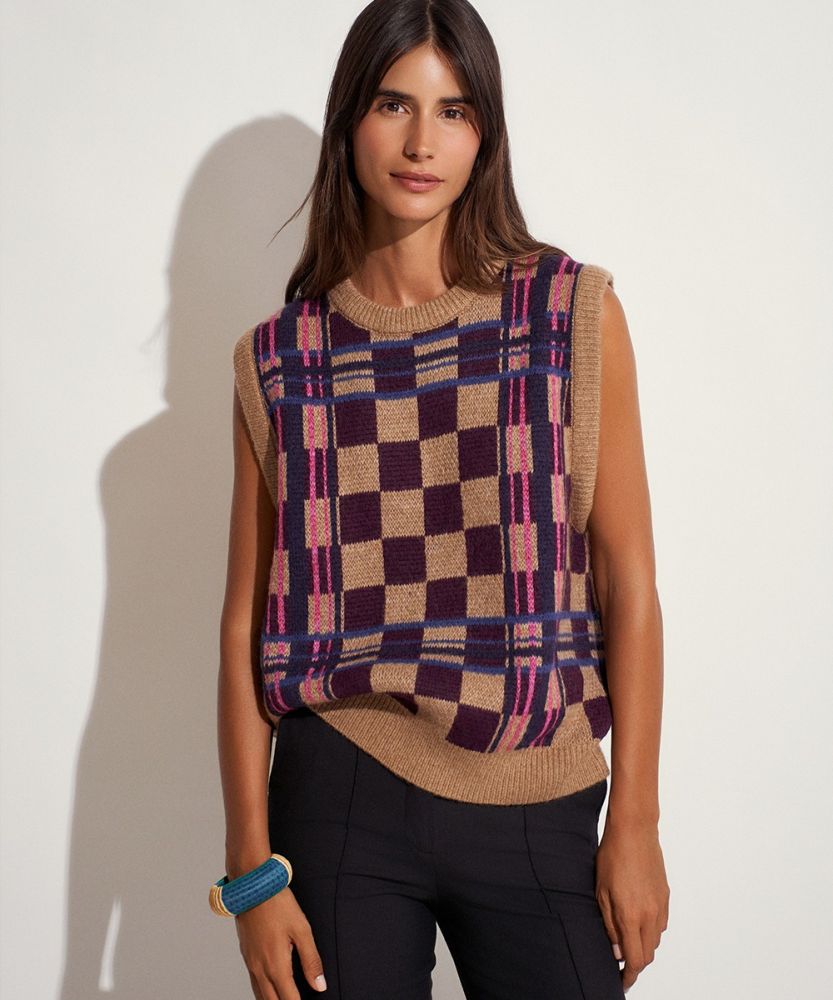 BABY ALPACA VEST SOLEDAD - SQUARES CAMEL & BURGUNDY
