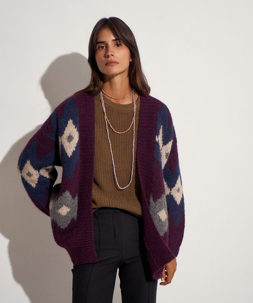 LONG FAIR ISLE CARDIGAN CARMEN - BURGUNDY & GREY