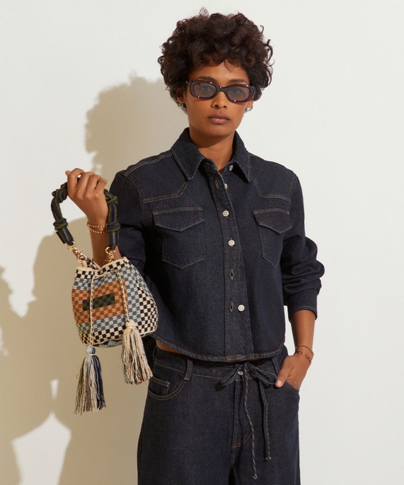 BOLSO CRUZADO M CON ASA DE MACRAMÉ - PELICAN - NEGRO Y GRIS