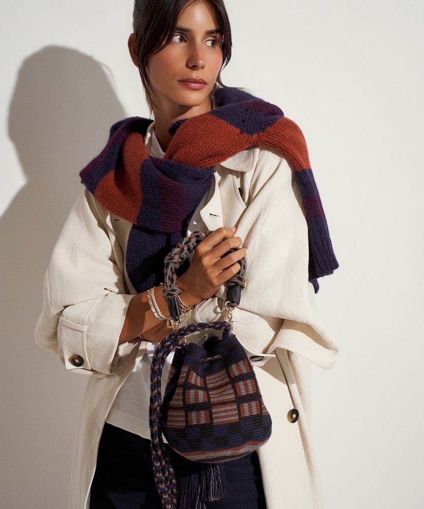 Crossbody Bag M with short macrame handle -  EVE - NAVY BLUE & BROWN