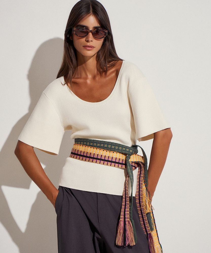 Belt with fringes beige & orange