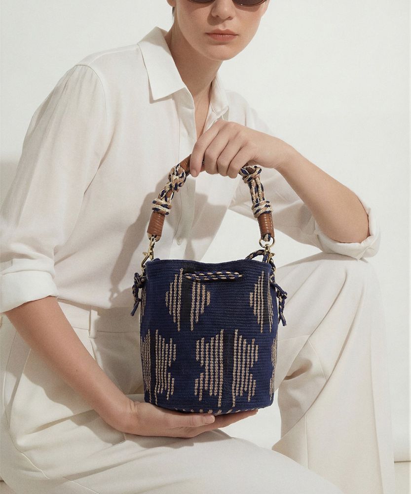 MITRA bag W/ MACRAME STRAP - MARIGOLD - NAVY & TOAST