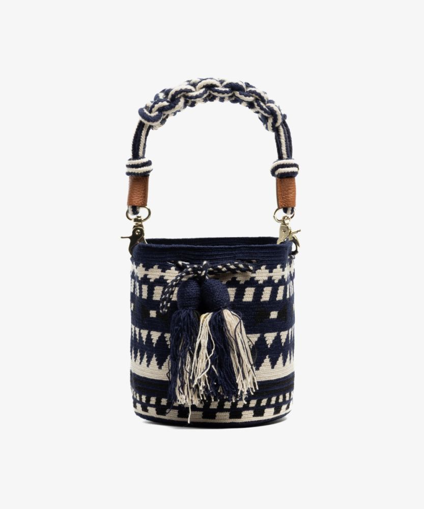 Crossbody Bag M with short macrame handle - ARA - NAVY BLUE & BEIGE