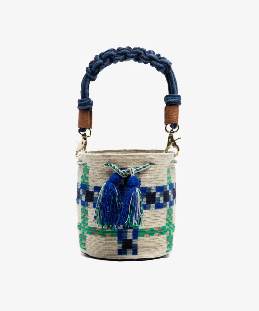 Crossbody Bag M with short macrame handle - DELPHINIUS - BEIGE & BLUE