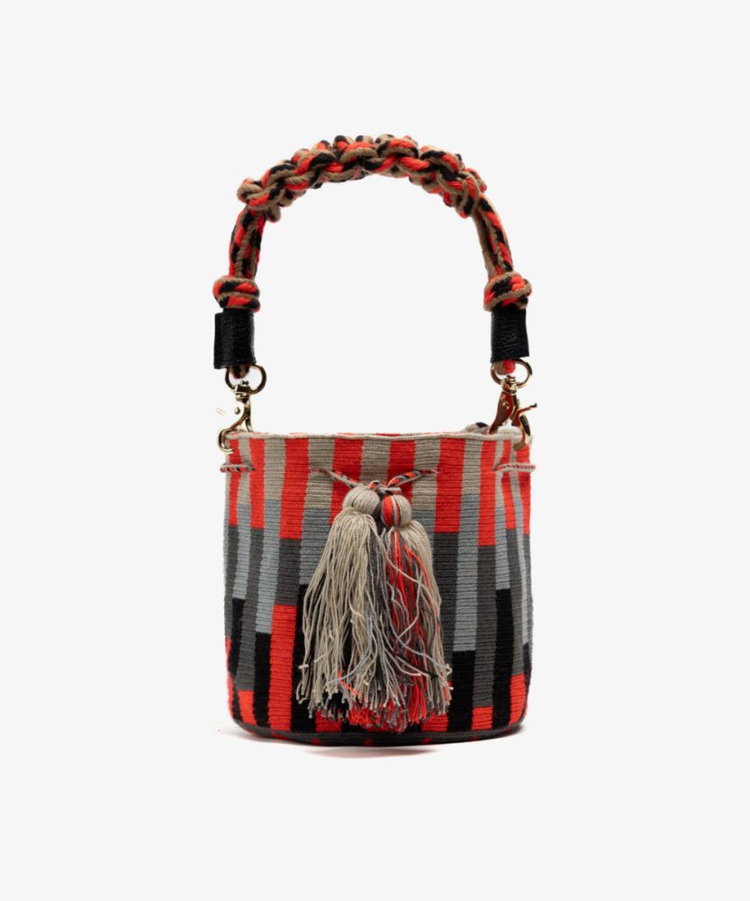 Crossbody Bag M with short macrame handle - LYNX - NEON ORANGE & BLACK