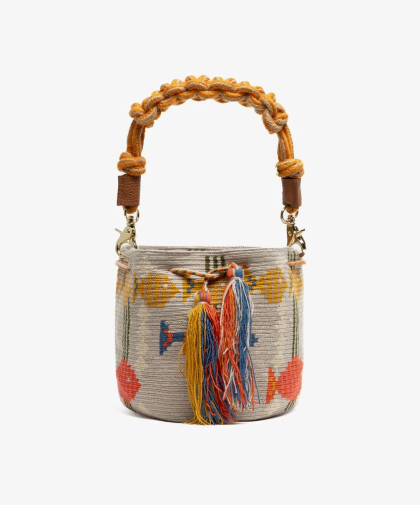 BOLSO CRUZADO M CON ASA DE MACRAMÉ - CEPHEUS - GRIS Y AMARILLO