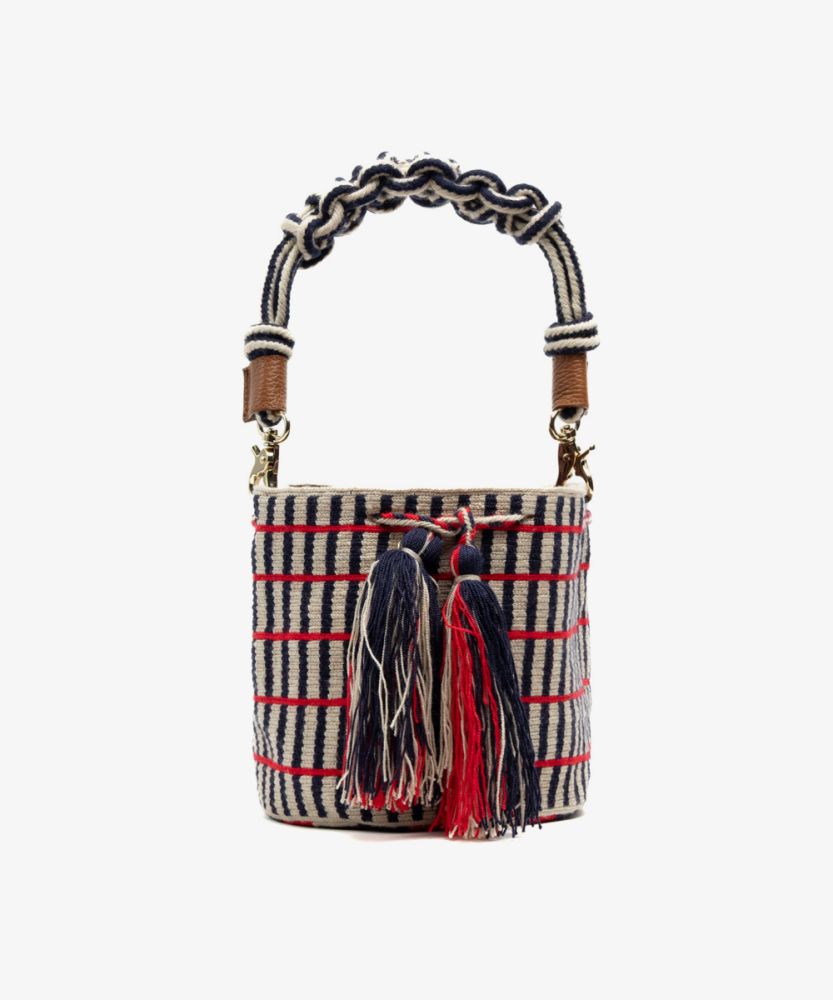 Crossbody Bag M with short macrame handle - PEACOCK - BEIGE & NAVY BLUE