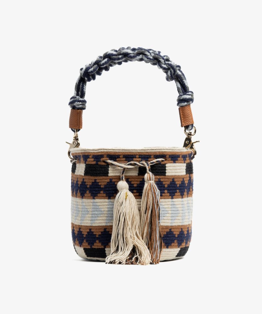 Crossbody Bag M with short macrame handle - ISLA - BEIGE & BLUE 