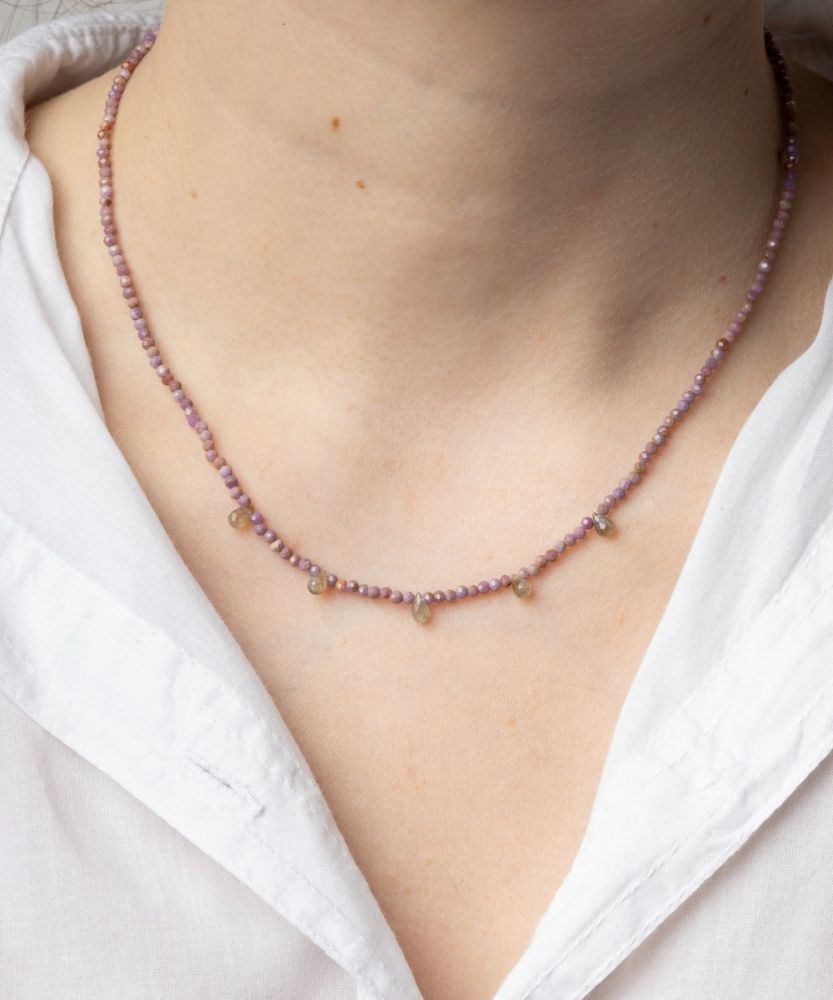 Martha necklace - Fuchsia tourmaline with 5 semi precious stones drops