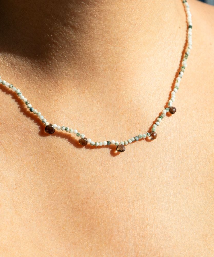 Martha necklace - Moss Agathe BIS with 5 semi precious stones drops