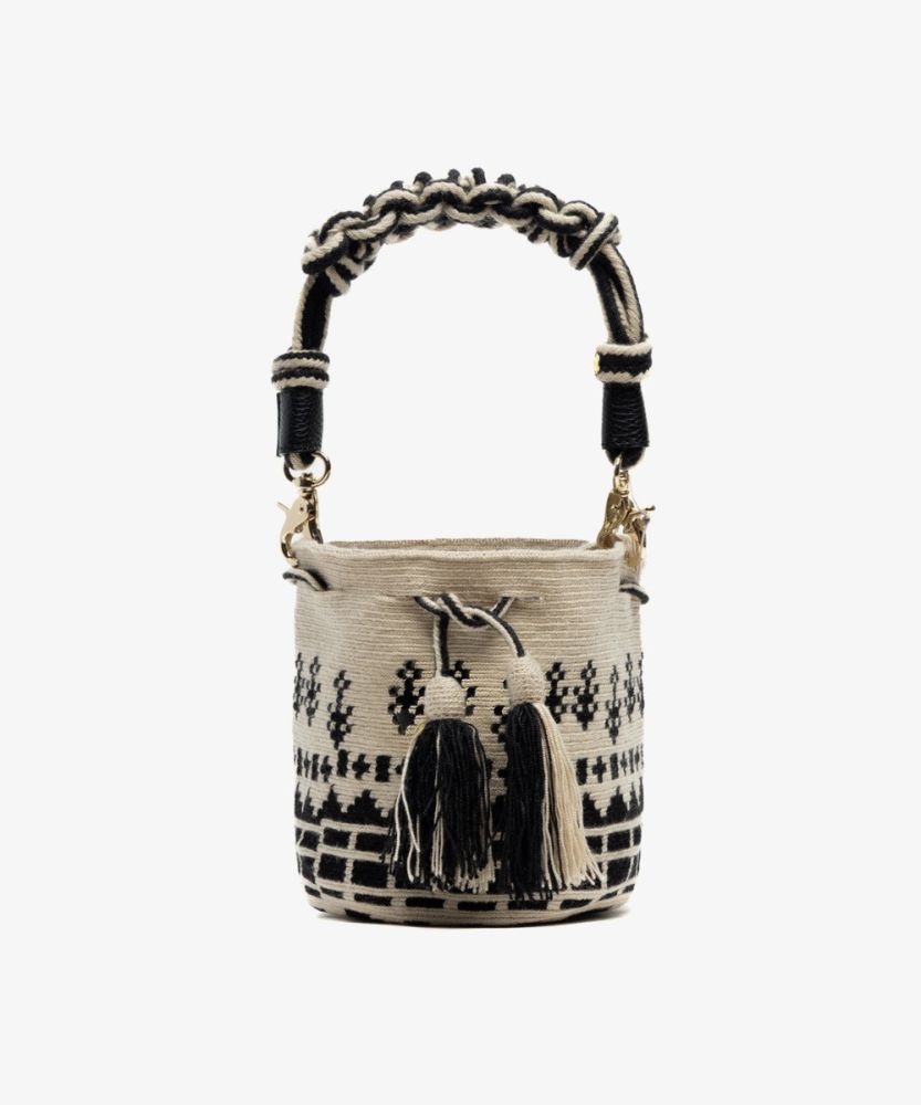 Crossbody Bag M with short macrame handle - DRAGON - BEIGE & BLACK