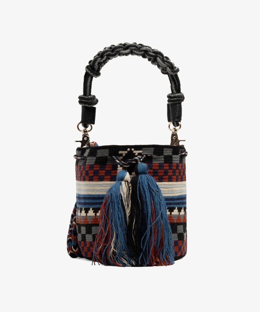 Crossbody Bag M with short macrame handle - FELICITY - BLUE & BEIGE 