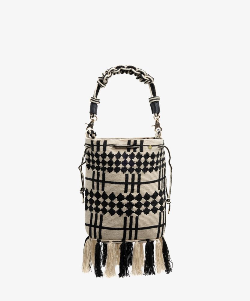 Zoe bag w/ Macrame Handle -AQUARIUS - BEIGE & BLACK