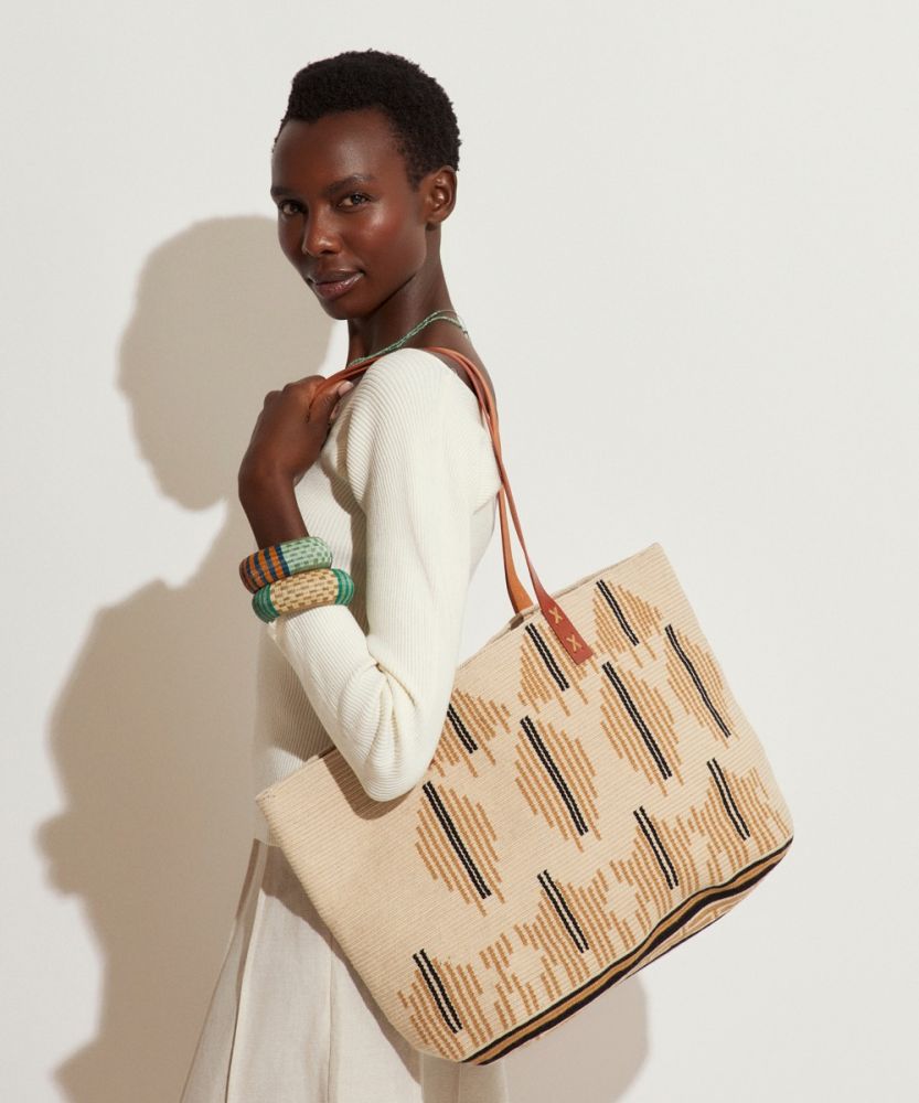 Shopping Bag L WITH LEATHER STRAP - MARIGOLD - CAMEL & BEIGE