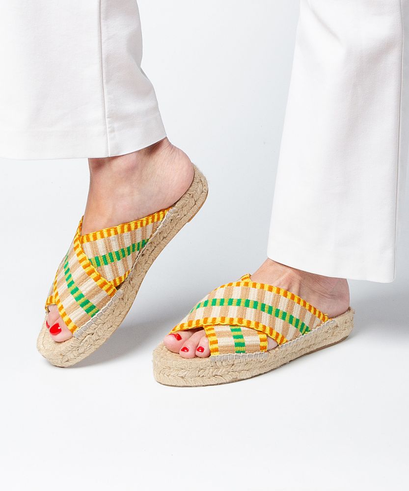 ESPADRILLE CROSSED WIDE BAND- YELLOW & GREEN