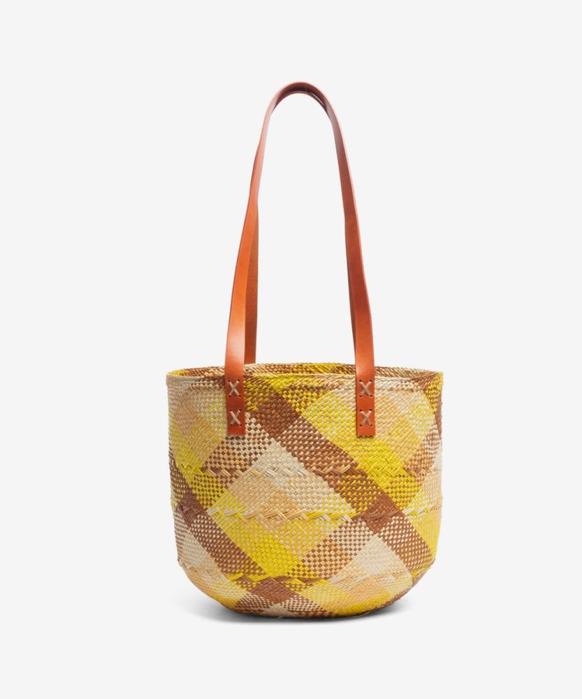 CANASTO BAG S - YELLOW & BROWN WITH LEATHER STRAP