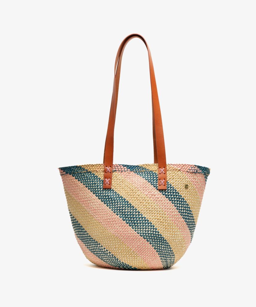 CANASTO BAG S - WITH LEATHER STRAP-BLUE/BROWN/PINK