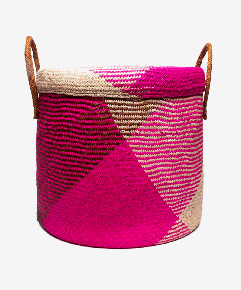 Round Iraca Basket XL - 40x40 cm CONTAINER FUCHSIA-BEIGE-BROWN