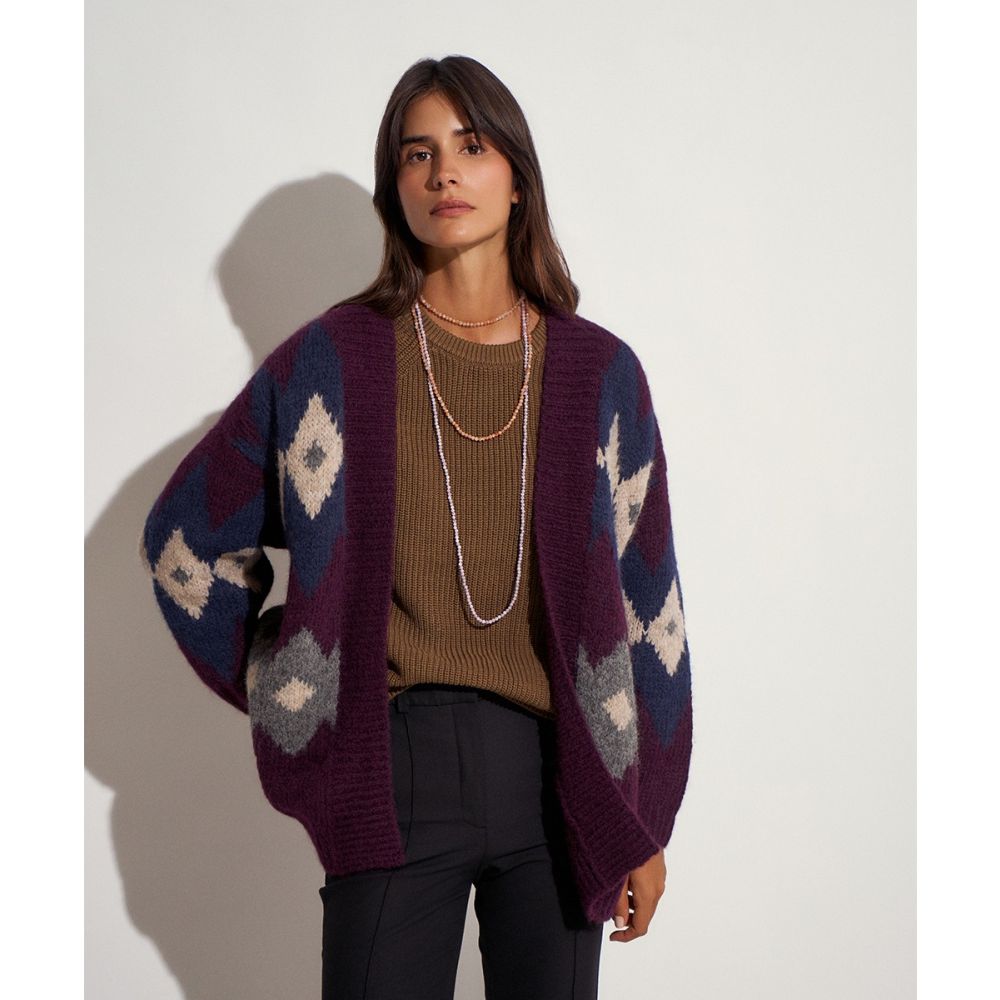 LONG FAIR ISLE CARDIGAN CARMEN - BURGUNDY & GREY