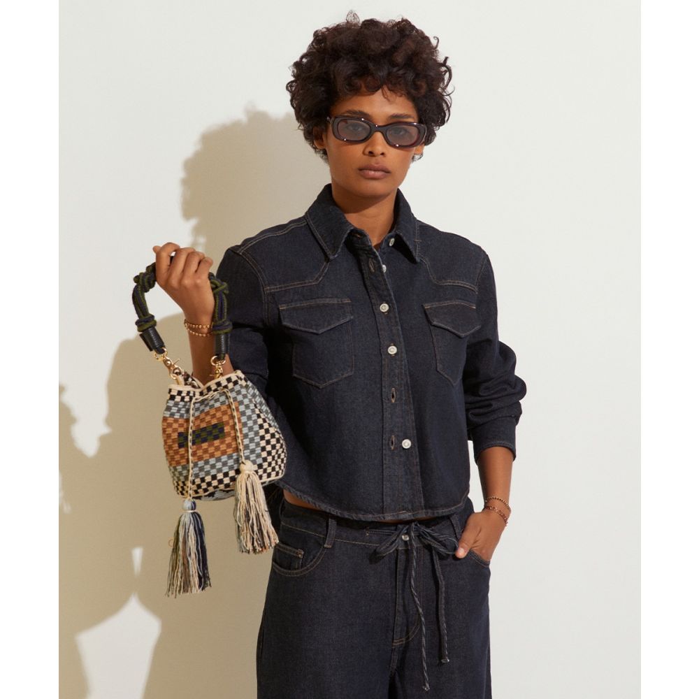 BOLSO CRUZADO M CON ASA DE MACRAMÉ - PELICAN - NEGRO Y GRIS