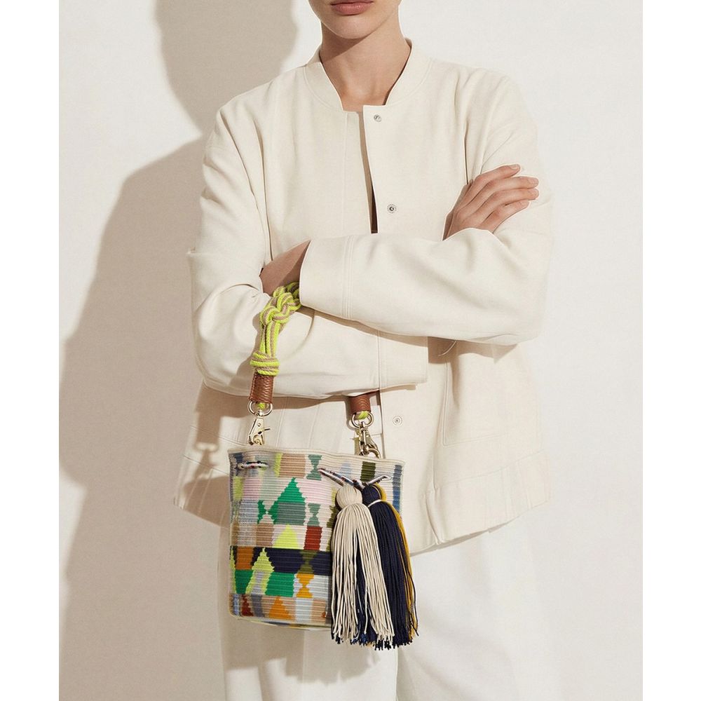 Crossbody Bag M with short macrame handle - HARE - BEIGE & MULTICOLOR