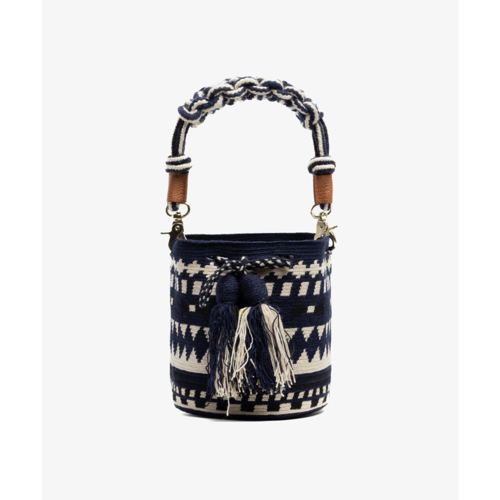 Crossbody Bag M with short macrame handle - ARA - NAVY BLUE & BEIGE
