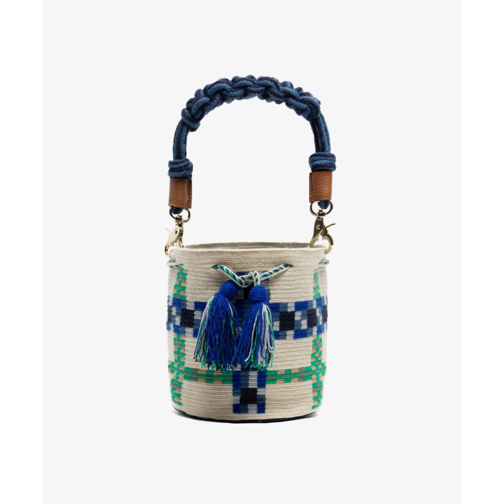 Crossbody Bag M with short macrame handle - DELPHINIUS - BEIGE & BLUE